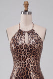 Sparkly Sequins Leopard Printed Bodycon Halter Keyhole Short Cocktail Dress