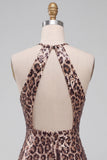 Sparkly Sequins Leopard Printed Bodycon Halter Keyhole Short Cocktail Dress