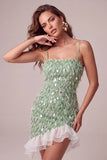 Green Bodycon Sequin Fringe Cocktail Dress with Asymmetric High Low Ruffled Hem