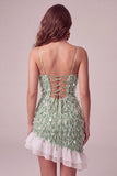Green Bodycon Sequin Fringe Cocktail Dress with Asymmetric High Low Ruffled Hem