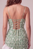 Green Bodycon Sequin Fringe Cocktail Dress with Asymmetric High Low Ruffled Hem