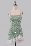 Green Bodycon Sequin Fringe Cocktail Dress with Asymmetric High Low Ruffled Hem