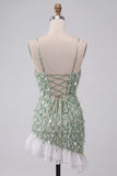 Green Bodycon Sequin Fringe Cocktail Dress with Asymmetric High Low Ruffled Hem