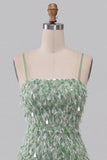 Green Bodycon Sequin Fringe Cocktail Dress with Asymmetric High Low Ruffled Hem