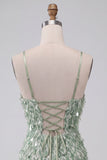 Green Bodycon Sequin Fringe Cocktail Dress with Asymmetric High Low Ruffled Hem
