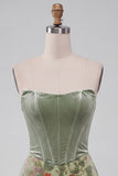 Dusty Sage Corset Velvet Strapless Floral Short Homecoming Dress