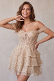 Champagne Corset Off the Shoulder Sequins Tiered Ruffle Short Cocktail Dress