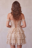 Champagne Corset Off the Shoulder Sequins Tiered Ruffle Short Cocktail Dress