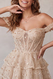 Champagne Corset Off the Shoulder Sequins Tiered Ruffle Short Cocktail Dress