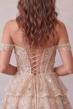 Champagne Corset Off the Shoulder Sequins Tiered Ruffle Short Cocktail Dress