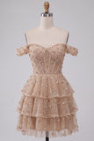 Champagne Corset Off the Shoulder Sequins Tiered Ruffle Short Cocktail Dress