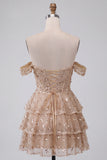 Champagne Corset Off the Shoulder Sequins Tiered Ruffle Short Cocktail Dress