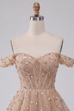 Champagne Corset Off the Shoulder Sequins Tiered Ruffle Short Cocktail Dress