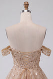 Champagne Corset Off the Shoulder Sequins Tiered Ruffle Short Cocktail Dress