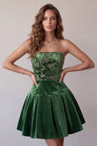 Dark Green Strapless A-Line Velvet Pleated Short Cocktail Dress