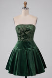 Dark Green Strapless A-Line Velvet Pleated Short Cocktail Dress