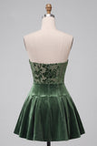 Dark Green Strapless A-Line Velvet Pleated Short Cocktail Dress