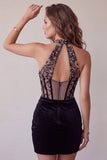 Black Corset Halter Velvet Ruched Deep V-Neck Short Homecoming Dress with Embroidery