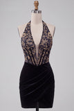 Black Corset Halter Velvet Ruched Deep V-Neck Short Homecoming Dress with Embroidery