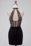 Black Corset Halter Velvet Ruched Deep V-Neck Short Homecoming Dress with Embroidery