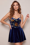 Navy A-Line Velvet Corset Floral Printed Short Cocktail Dress