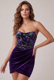 Plum Corset Strapless Velvet Bodycon Ruched Short Homecoming Dress