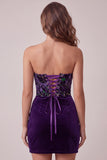 Plum Corset Strapless Velvet Bodycon Ruched Short Homecoming Dress