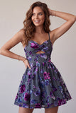 Plum A-Line Keyhole Floral Spaghetti Straps Short Cocktail Dress