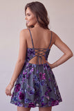 Plum A-Line Keyhole Floral Spaghetti Straps Short Cocktail Dress