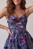 Plum A-Line Keyhole Floral Spaghetti Straps Short Cocktail Dress