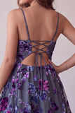 Plum A-Line Keyhole Floral Spaghetti Straps Short Cocktail Dress