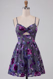 Plum A-Line Keyhole Floral Spaghetti Straps Short Cocktail Dress