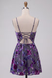 Plum A-Line Keyhole Floral Spaghetti Straps Short Cocktail Dress