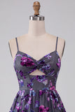 Plum A-Line Keyhole Floral Spaghetti Straps Short Cocktail Dress