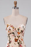 Champagne Floral Bodycon Velvet Strapless Printed Homecoming Dress with Keyhole