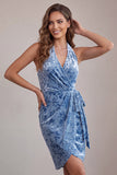 Slate Blue Bodycon Halter Velvet Ruched Midi Homecoming Dress with Sash