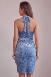 Slate Blue Bodycon Halter Velvet Ruched Midi Homecoming Dress with Sash