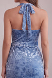 Slate Blue Bodycon Halter Velvet Ruched Midi Homecoming Dress with Sash