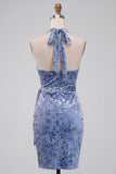 Slate Blue Bodycon Halter Velvet Ruched Midi Homecoming Dress with Sash
