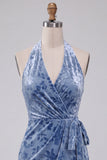 Slate Blue Bodycon Halter Velvet Ruched Midi Homecoming Dress with Sash