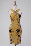 Ginger Yellow Sheath Keyhole Floral Short Wedding Guest Dress