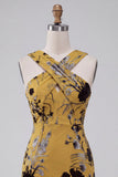 Ginger Yellow Sheath Keyhole Floral Short Wedding Guest Dress