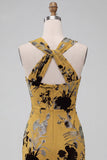Ginger Yellow Sheath Keyhole Floral Short Wedding Guest Dress