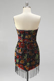Black Bodycon Strapless Floral Print Mini Cocktail Dress with Fringes