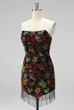 Black Bodycon Strapless Floral Print Mini Cocktail Dress with Fringes