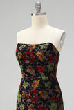 Black Bodycon Strapless Floral Print Mini Cocktail Dress with Fringes