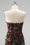 Black Bodycon Strapless Floral Print Mini Cocktail Dress with Fringes