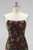 Black Bodycon Strapless Floral Print Mini Cocktail Dress with Fringes