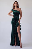 Dark Green One Shoulder Beaded Mermaid Ruched Long Formal Dress with Rhinestone