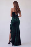 Dark Green One Shoulder Beaded Mermaid Ruched Long Formal Dress with Rhinestone